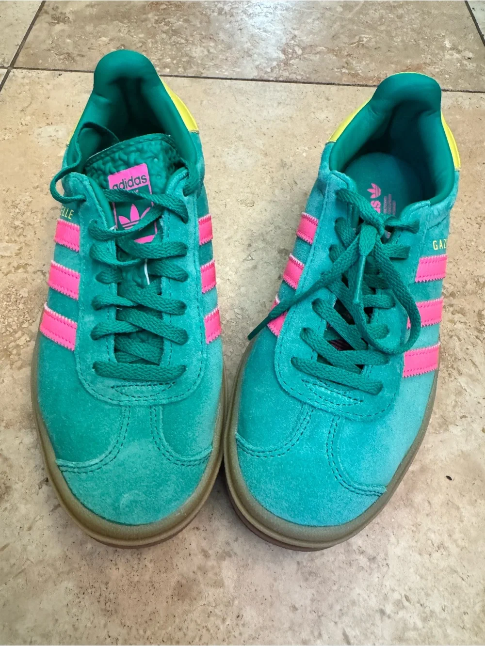 adidas Kids Gazelle Sneakers in Teal with Pink Stripes and Yellow Heel